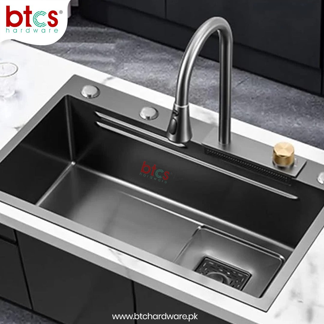 AQT Nano Stainless Steel Single Bowl Waterfall Kitchen Sink 10-10-11